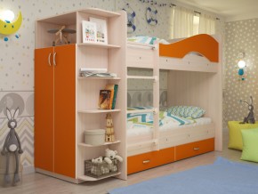 Кровать 2-х ярусная Мая с ящиками и шкафом на латофлексах оранж в Златоусте - zlatoust.mebel74.com | фото